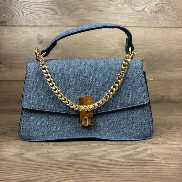 Aldo Mirama Top Handle Cross Body Bag w/ Gold Chain Blue Purse Handbag - Picture 3 of 11